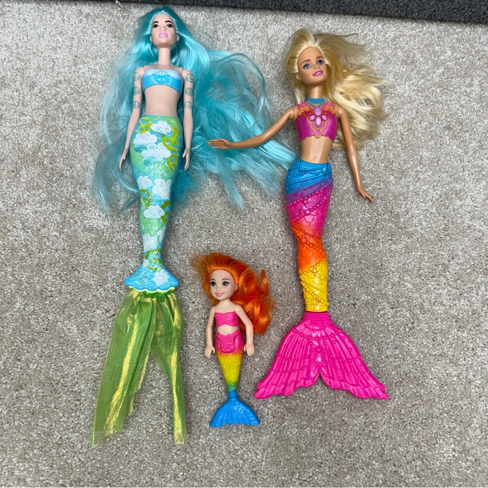 Barbie Mermaid doll lot (2 adults 1 child)‎ rainbow peace sign